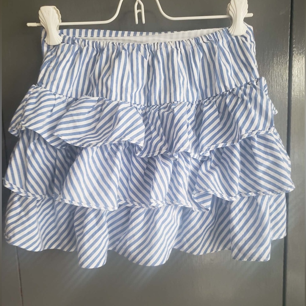 EUC. Girls M (8-10) Polo Ralph Lauren Pale Blue White Stripe Tiered Ruffle Skirt